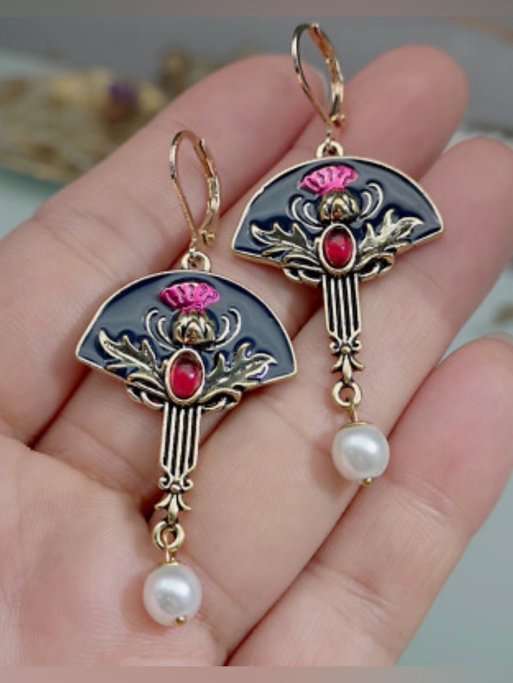 Retro Fan-shaped Inlaid Gem Earrings Faux Pearl Drop
